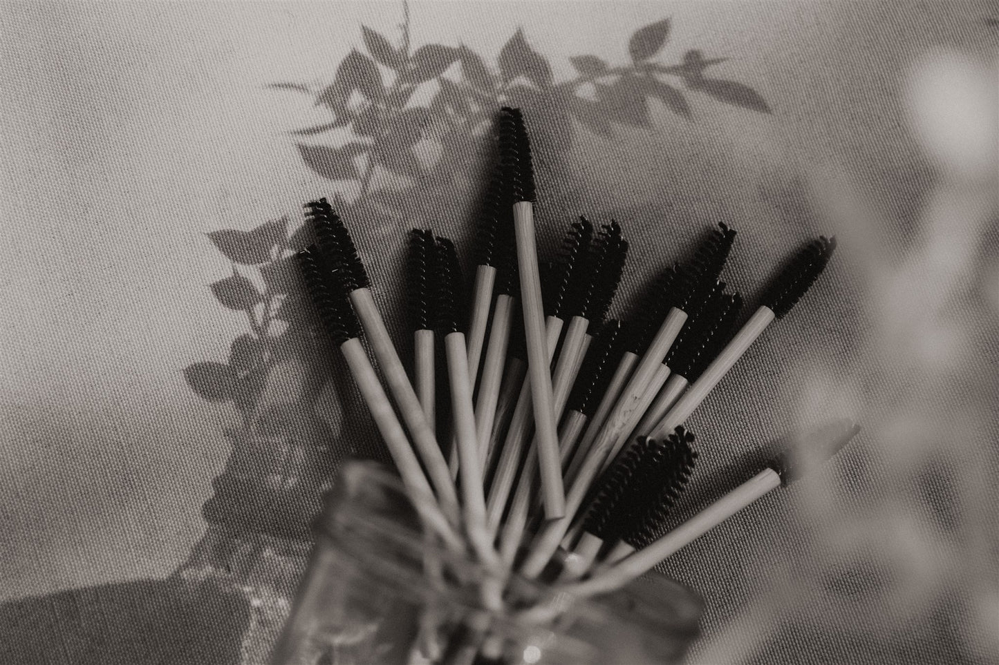 Close-up of biodegradable bamboo mascara wand bristles